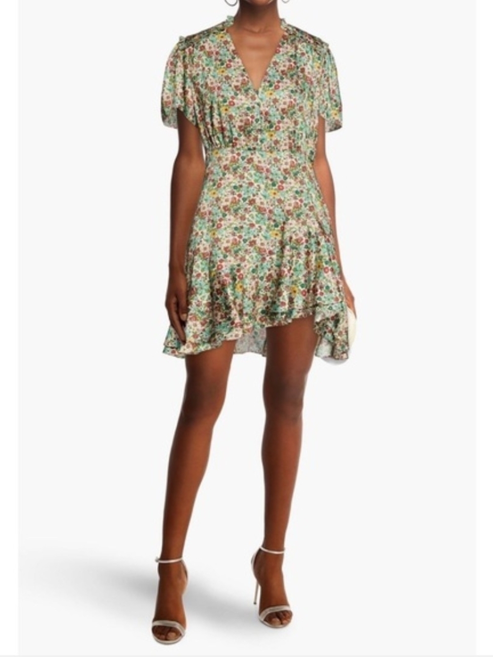Sandro Green Floral Ruffle Mini Dress Small Satin Twill V-Neck Romantic Designer
